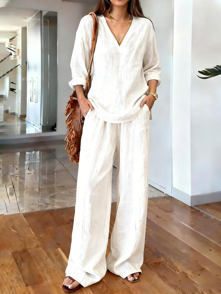 Women's Washed Cotton V-Neck Two Piece Set Wide Leg Pants