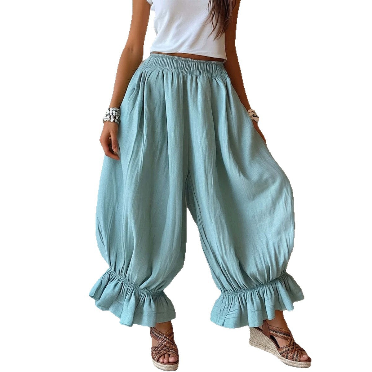 Women Ruffle Hem Balloon Pants Elastic Waist Wide Leg Boho