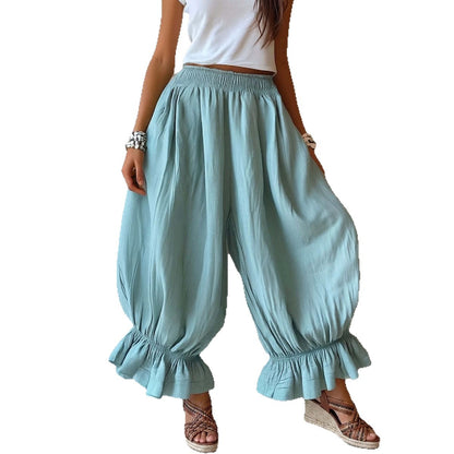 Women Ruffle Hem Balloon Pants Elastic Waist Wide Leg Boho