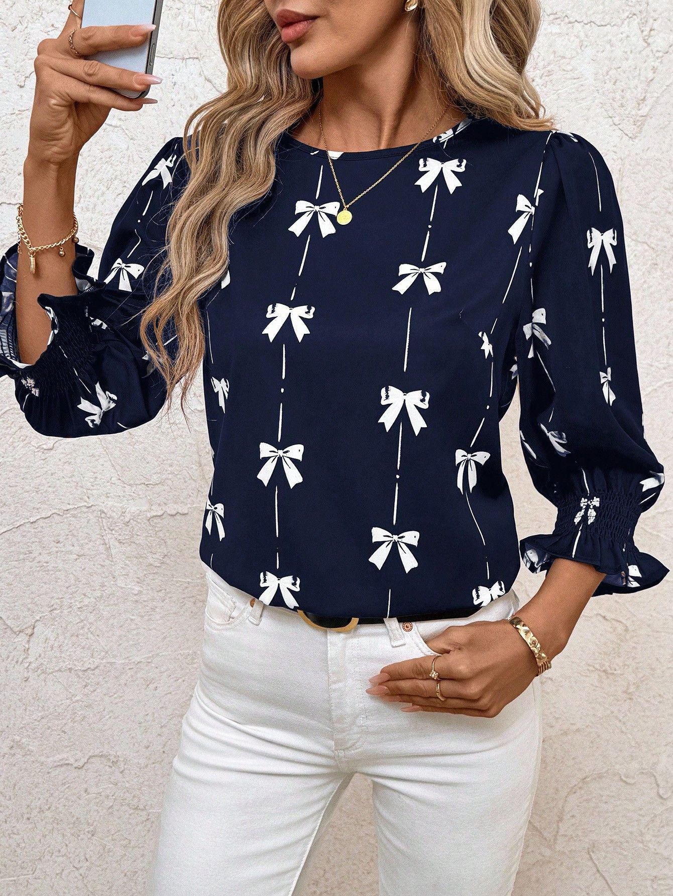 Women's Bow Print Smocked Blouse 3/4 Bell Sleeve Crew Neck