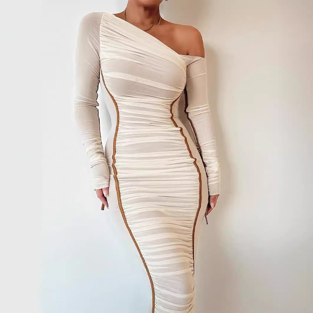 One Shoulder Ruched Mesh Bodycon Midi Dress Long Sleeve