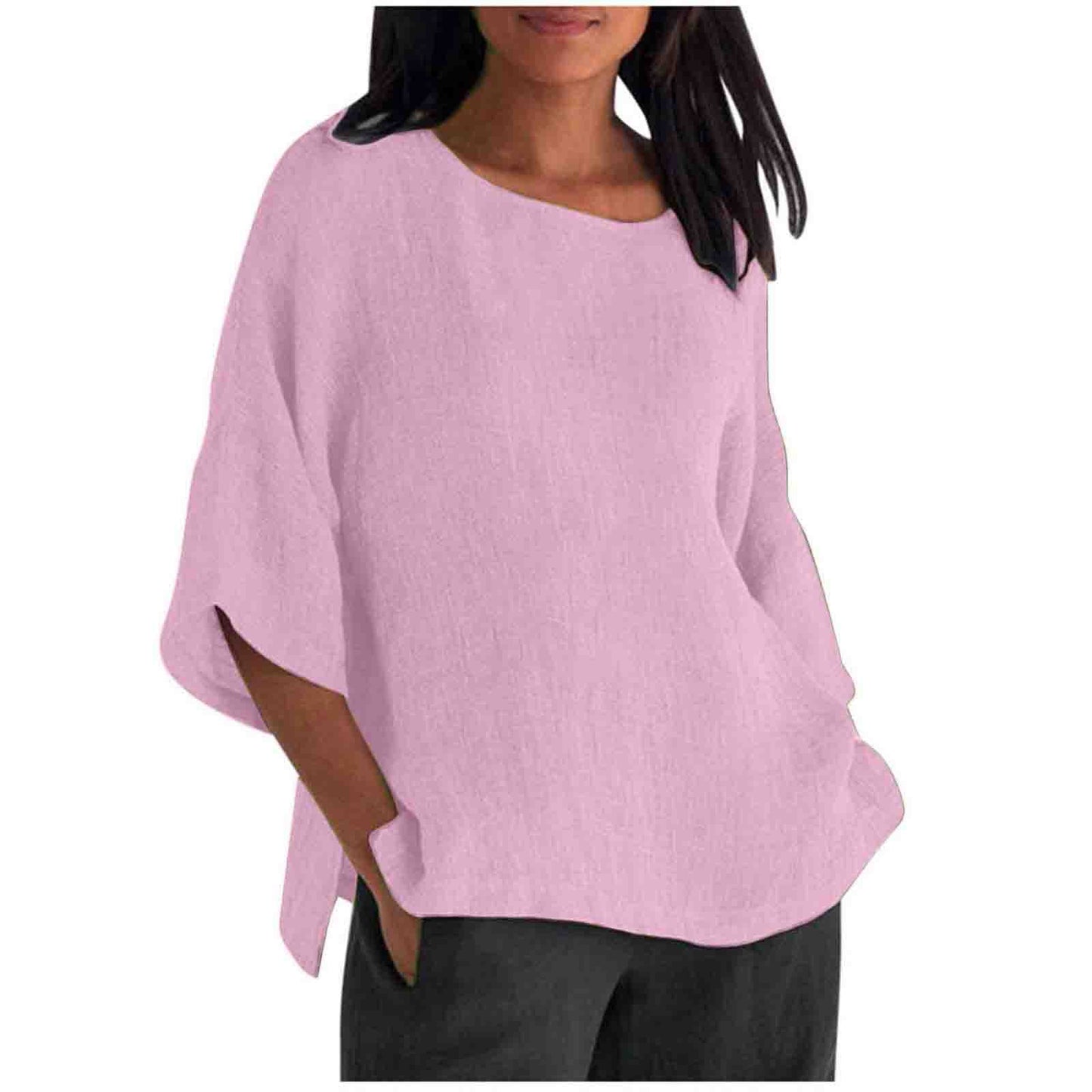 Women's Linen Top Oversized 3/4 Sleeve Round Neck 25 Colors
