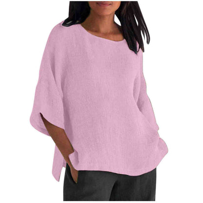 Women's Linen Top Oversized 3/4 Sleeve Round Neck 25 Colors