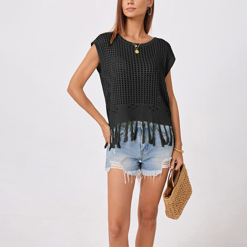 Women's Oversized Crochet Fringe Tank Top Boho Summer