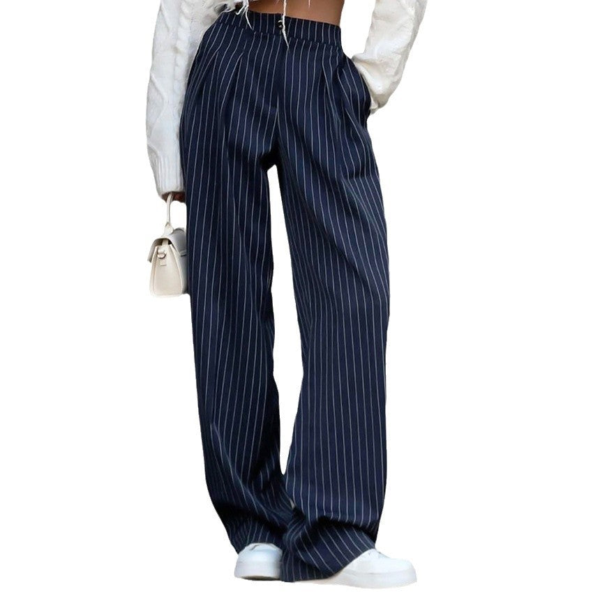 Women's Navy Striped High Waist Wide Leg Trousers