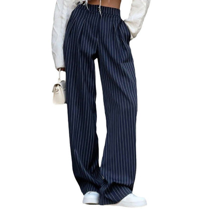 Women's Navy Striped High Waist Wide Leg Trousers