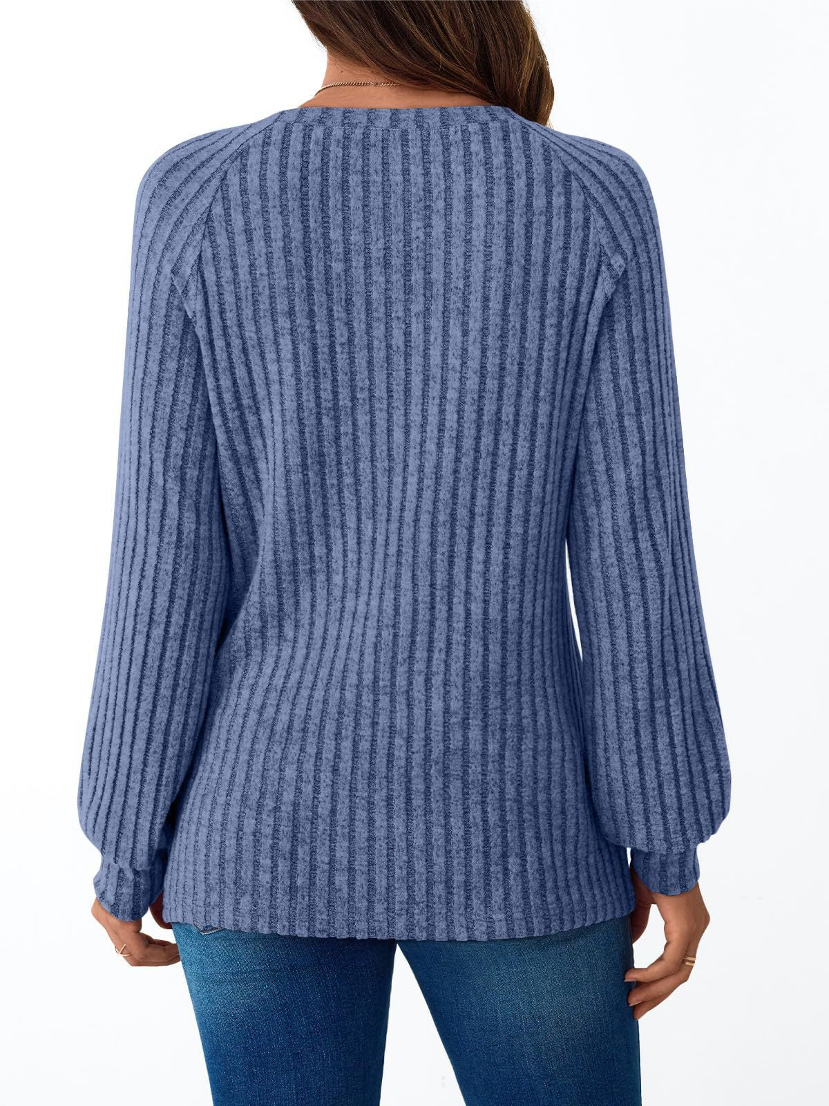 Ribbed Knit Crewneck Sweatshirt with Button Detail