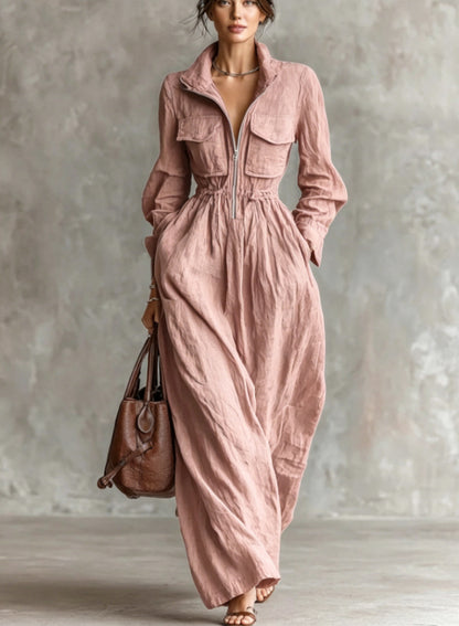 Zip Front Collared Maxi Dress Long Sleeve Elastic Waist