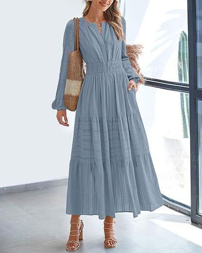 Women's V-Neck Long Sleeve Tiered Maxi Smocked Cotton Dress