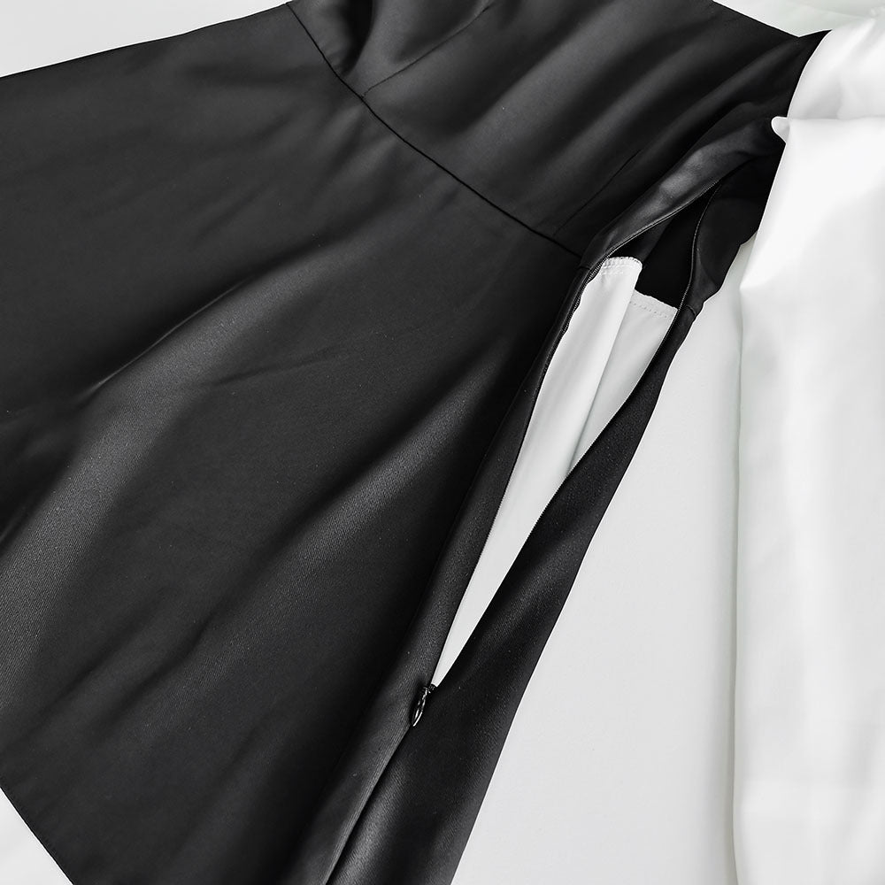 Black White Square Neck Puff Sleeve Ruffle A-Line Dress