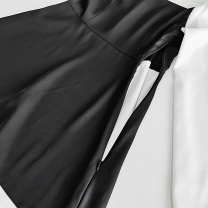 Black White Square Neck Puff Sleeve Ruffle A-Line Dress