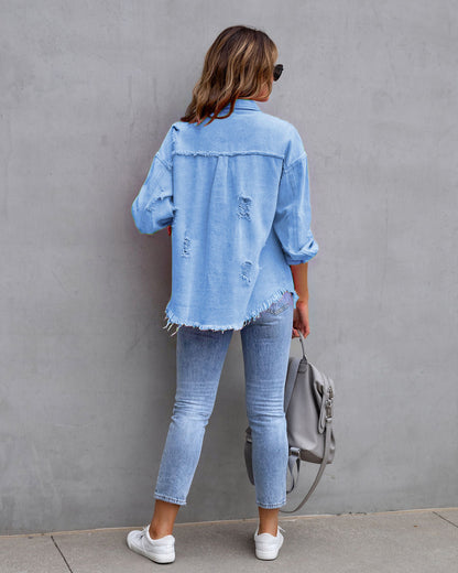 Hot Pink Distressed Denim Jacket Oversized Button Down