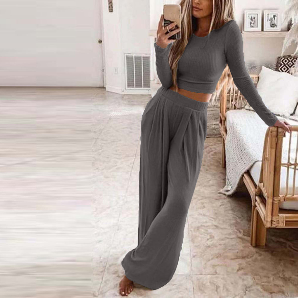 Women's Ribbed Crop Top and Wide Leg Pants Lounge Set
