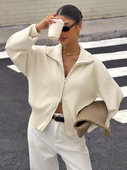 Women's Zip Up Knit Jacket Long Sleeve Casual Cardigan
