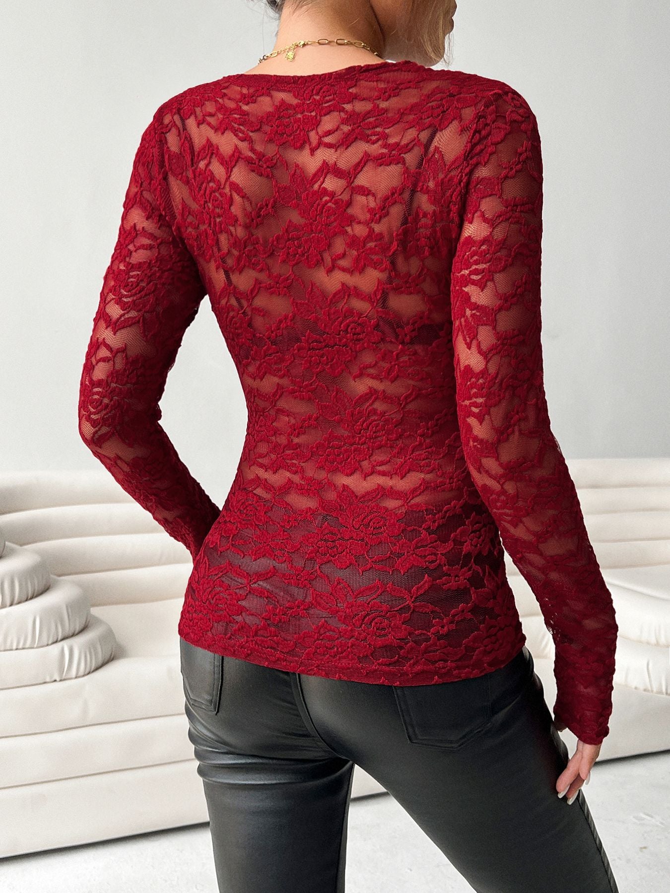Long Sleeve Pullover Floral Lace Mesh Top