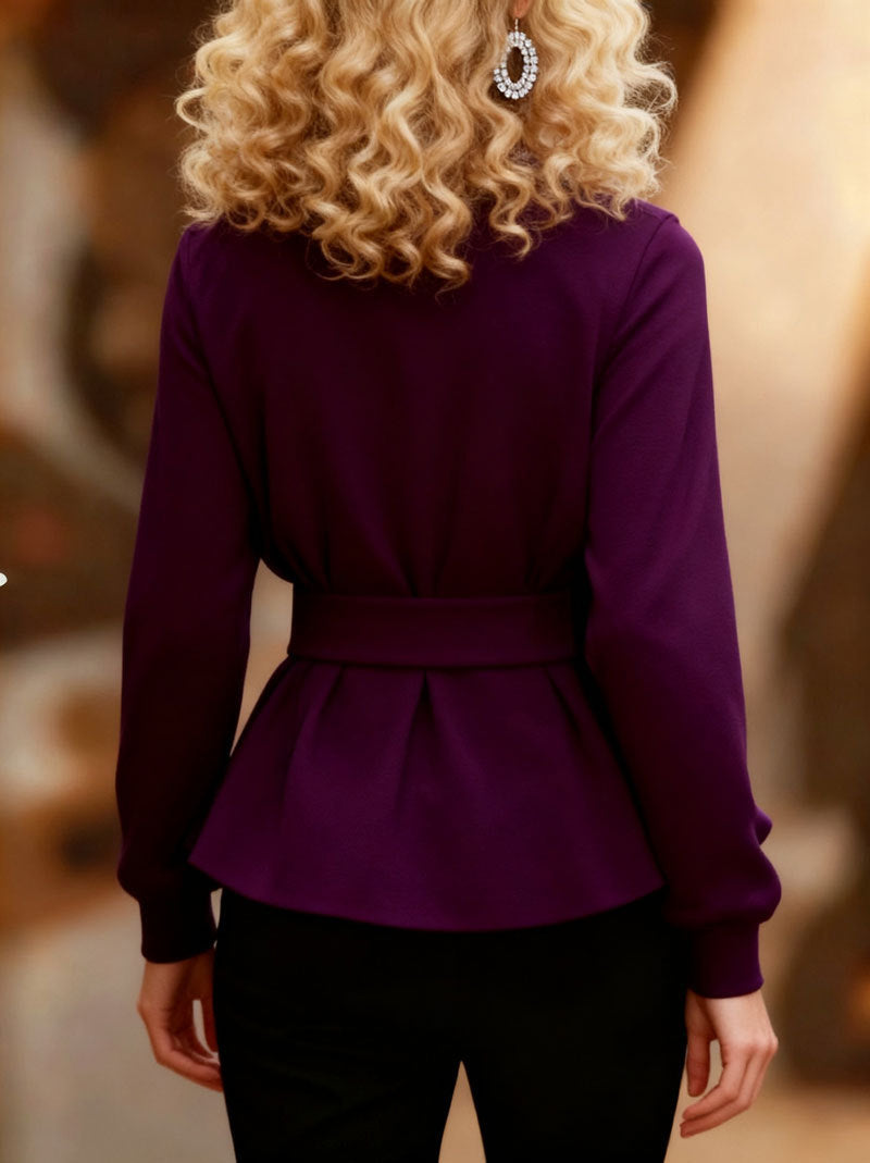 Women's Belted Fleece Peplum Mock Neck Pullover