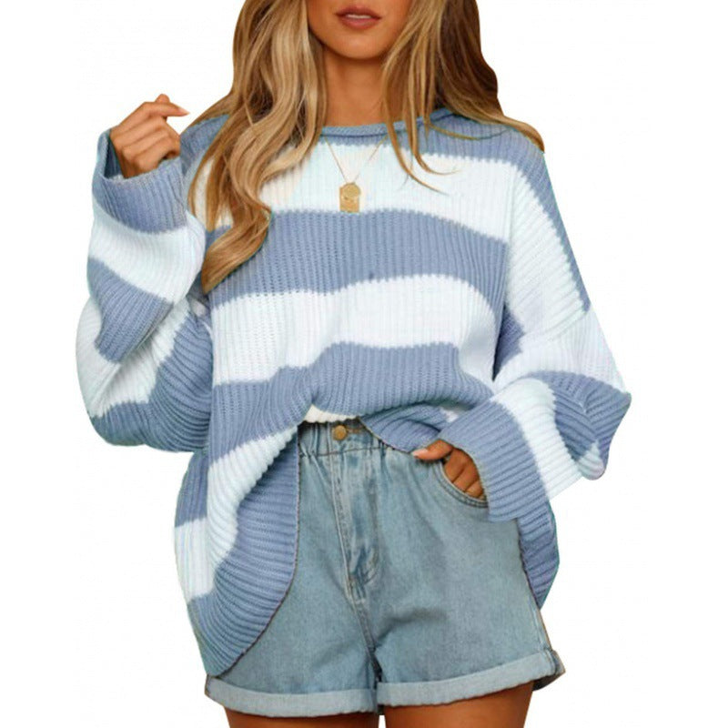 Women's Oversized Striped Crewneck Knit Sweater Pullover