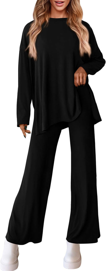 Women's Two Piece Lounge Set Long Sleeve Wide Leg Pants