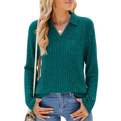 Women's Oversized Collared Long Sleeve Pocket Top