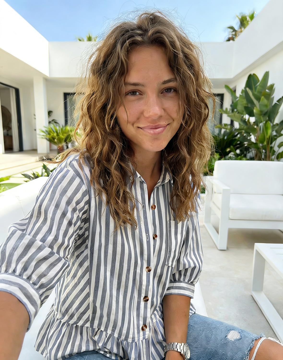 Striped Button Down Ruffle Hem 3/4 Sleeve Blouse