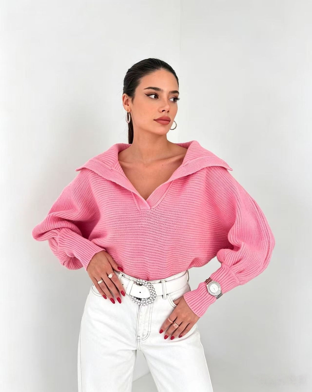 Chunky Knit Collared Balloon Sleeve Sweater