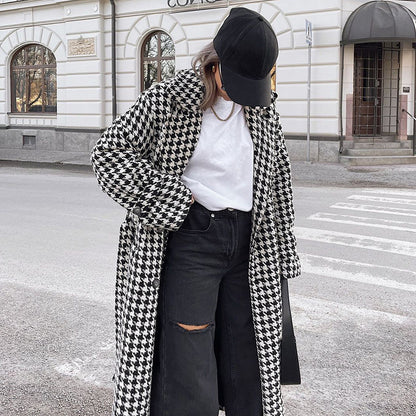 Women's Houndstooth Maxi Winter Coat Double Breasted Belted