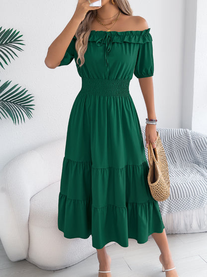 Off Shoulder Smocked Waist Maxi Dress Ruffle Sleeve