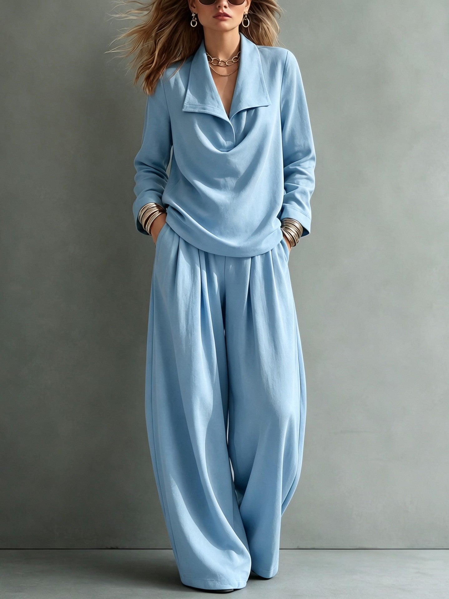 Women's Collared Sweatshirt Wide Leg Pants Lounge Set