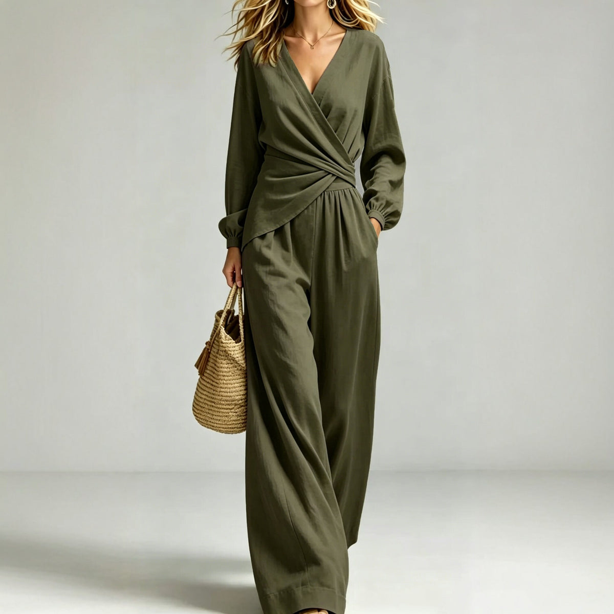 V Neck Wrap Top Wide Leg Pants Two Piece Set