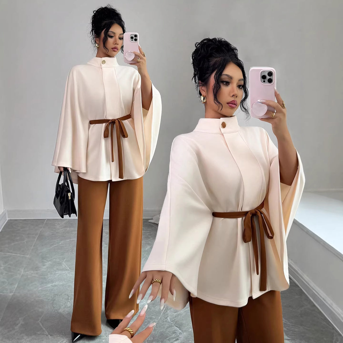 Elegant Belted Cape Top Wide Leg Pants Two Piece Set