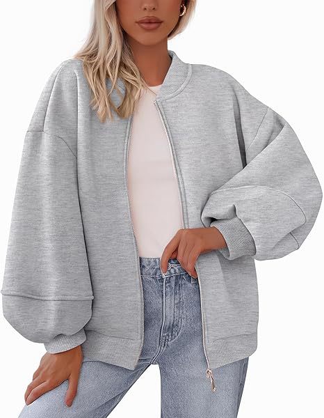 Women's Oversized Zip Up Bomber Jacket Lantern Sleeve