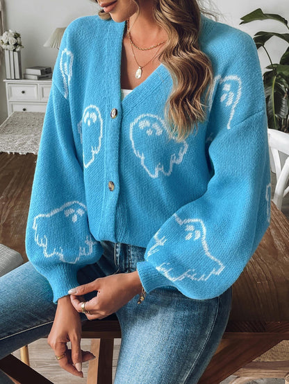 Halloween Ghost Print V-Neck Cardigan | Cozy Knit Sweater