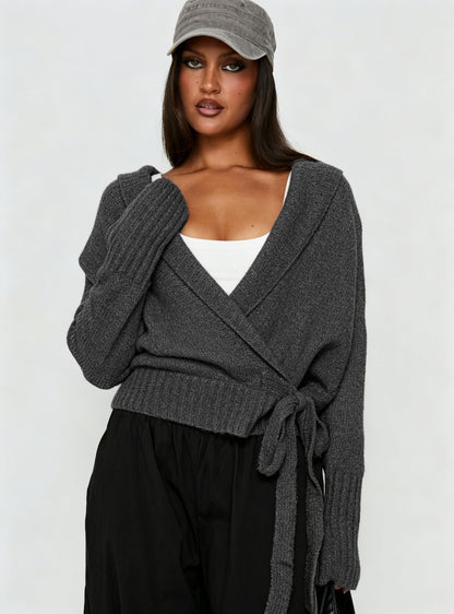 Women's Fuzzy Wrap Cardigan Tie Waist Long Sleeve Sweater