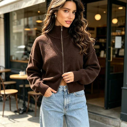 Women's Oversized Fuzzy Zip Up Cardigan Mock Neck