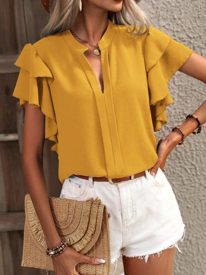 V-Neck Double-Layer Lotus Leaf Sleeve Solid Color Casual Top for Women