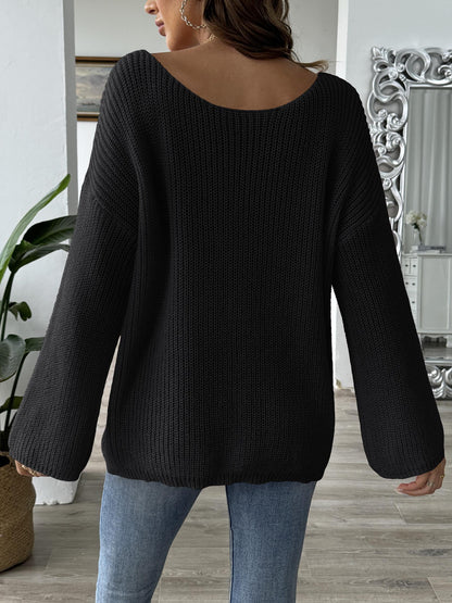 Women’s Lace Bow Applique Waffle Knit Bell Sleeve Top