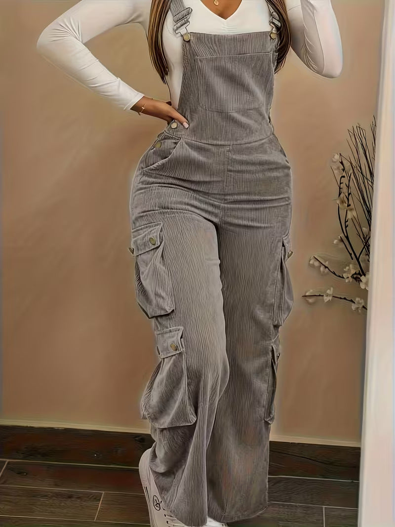 Women's Corduroy Cargo Overalls High Waist Jumpsuit