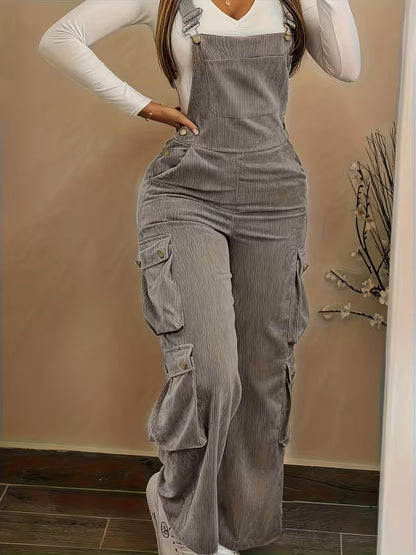 Women's Corduroy Cargo Overalls High Waist Jumpsuit