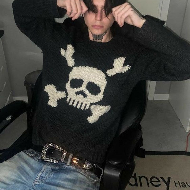Oversized Skull Sweater Black Gothic Streetwear Knit