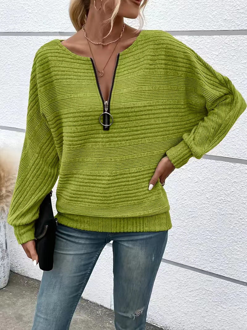 Women's Half Zip V Neck Long Sleeve Chenille Sweater