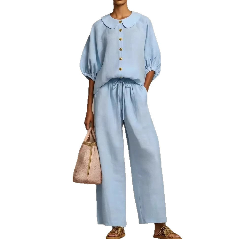 Women's Puff Sleeve Collared Shirt Wide Leg Pants Set