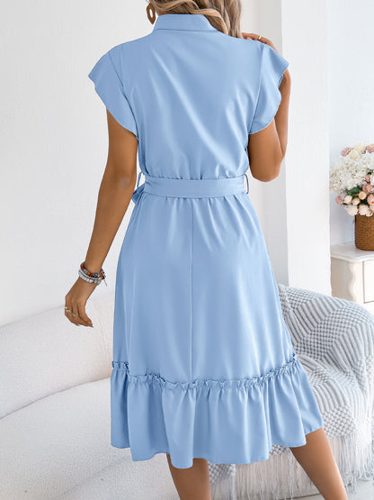 Tie Waist Ruffle Hem Midi Shirt Dress for Women
