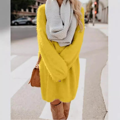 Women's Oversized Fuzzy Sweater Dress Long Sleeve Midi