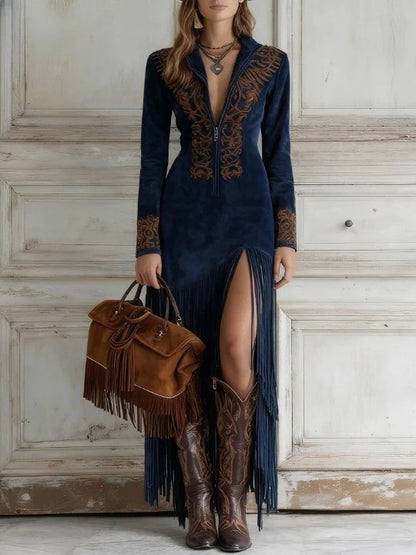 Women's Western Suede Fringe Maxi Dress Embroidered Zip-Up