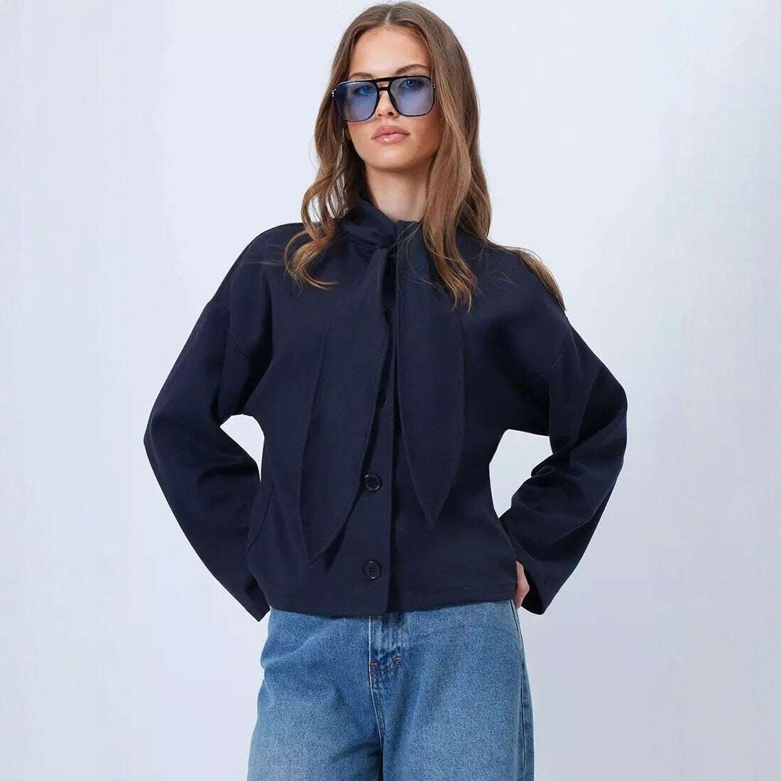 Women's Tie Neck Button Front Long Sleeve Top