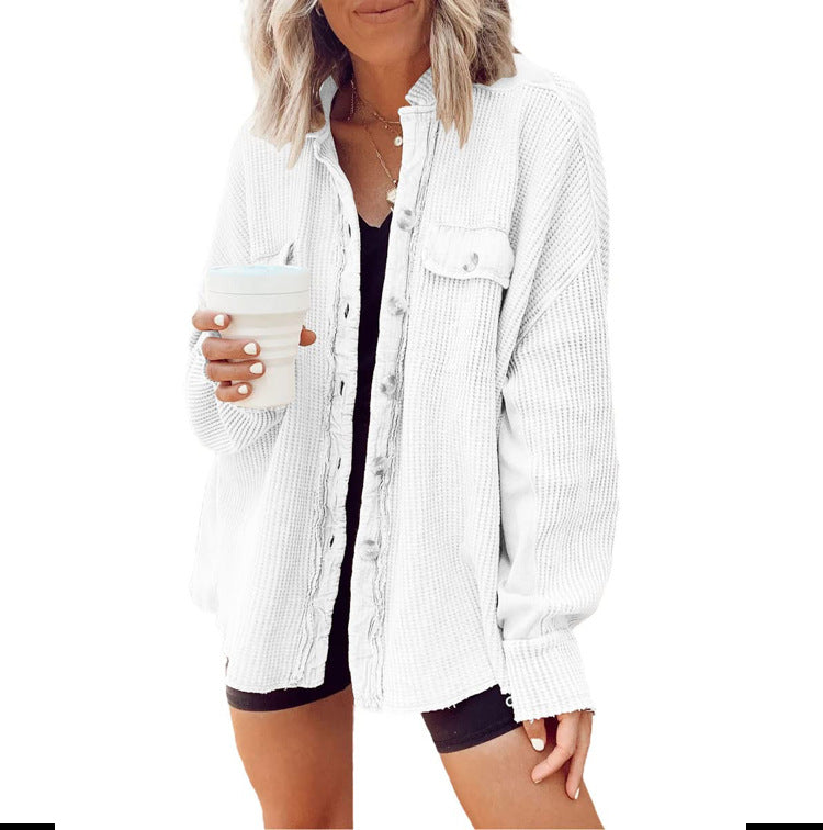 Women's Waffle Texture Button Front Pocket Shacket