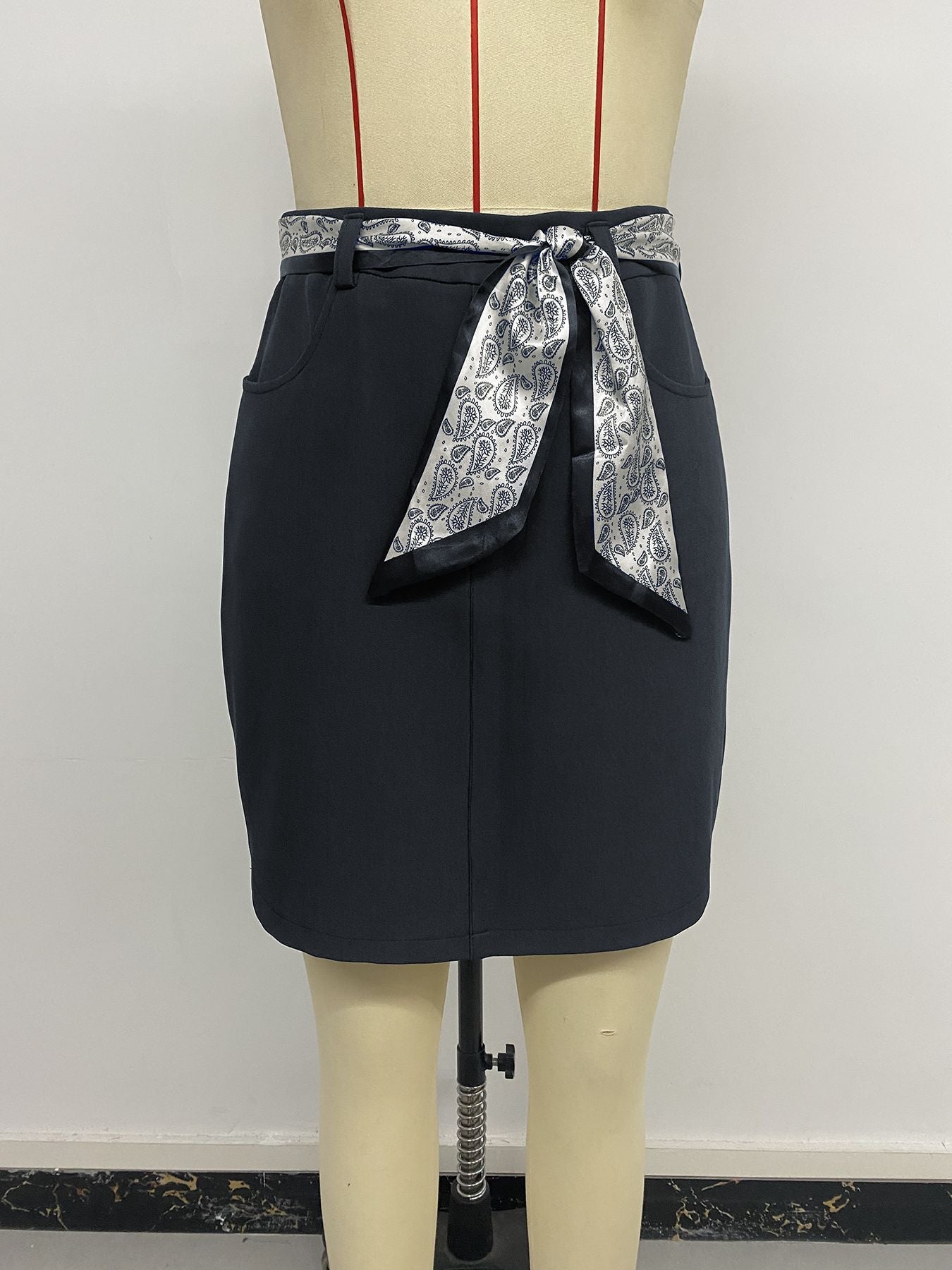 Belted High Waist Pencil Skirt Bodycon Mini Vintage Navy