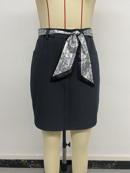 Belted High Waist Pencil Skirt Bodycon Mini Vintage Navy