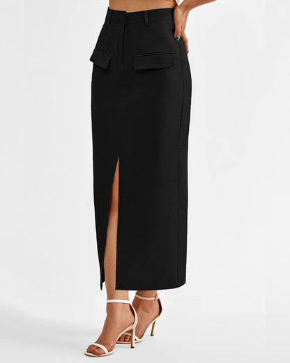 Elegant High Waist Midi Skirt with Front Slit