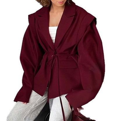 Women's Belted Blazer V-Neck Loose Casual Jacket Coat